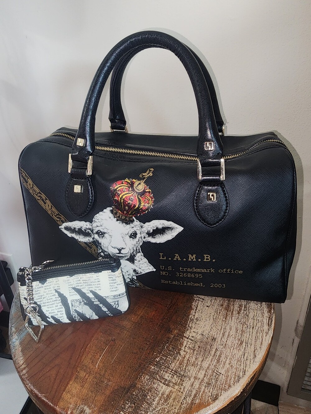 RARE L.A.M.B. Black Graphic Leather Lamb Satchel Bag Gwen Stefani Coin Purse - Picture 16 of 16